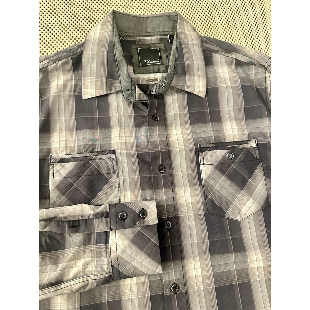 7 Diamonds Button Down Shirt Mens‎ L Black White Gray Plaid Long Sleeve Western